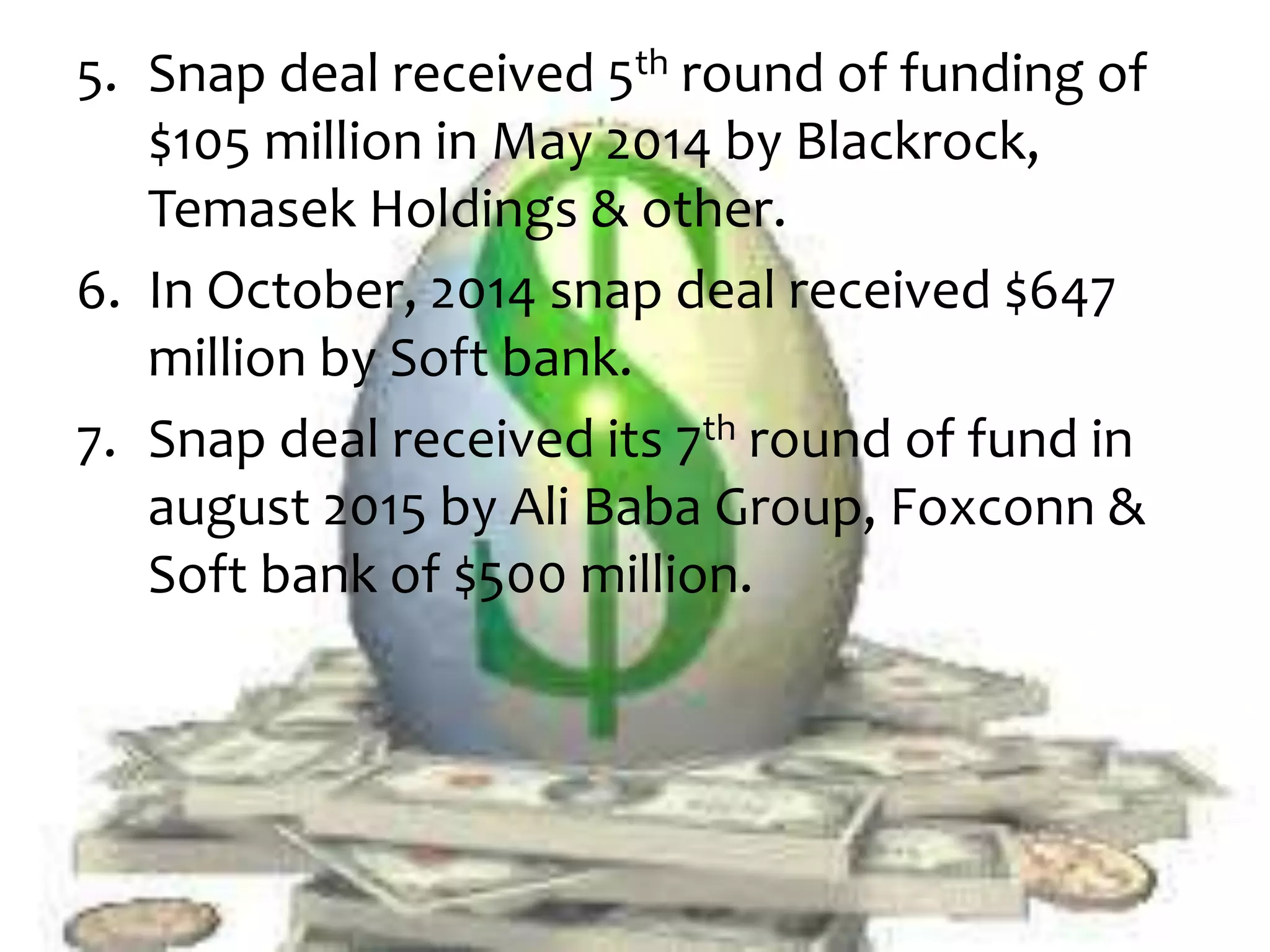 5. Snap deal received 5th round of funding of
$105 million in May 2014 by Blackrock,
Temasek Holdings & other.
6. In October, 2014 snap deal received $647
million by Soft bank.
7. Snap deal received its 7th round of fund in
august 2015 by Ali Baba Group, Foxconn &
Soft bank of $500 million.
 