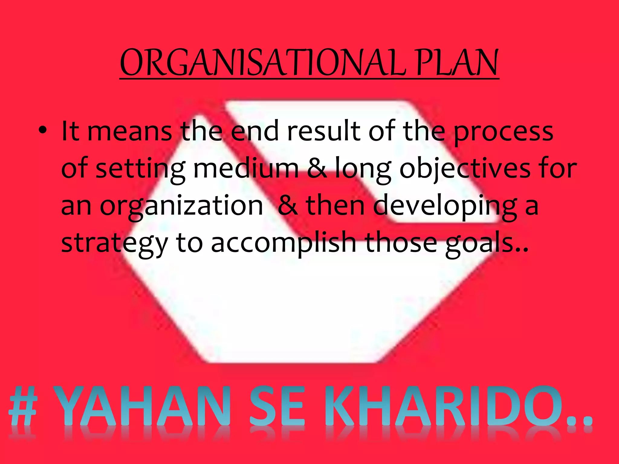 ORGANISATIONAL PLAN
• It means the end result of the process
of setting medium & long objectives for
an organization & then developing a
strategy to accomplish those goals..
 