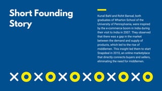 Short Founding
Story 🔍
Kunal Bahl and Rohit Bansal, both
graduates of Wharton School of the
University of Pennsylvania, were inspired
by the e-commerce boom in India during
their visit to India in 2007. They observed
that there was a gap in the market
between the demand and supply of
products, which led to the rise of
middlemen. This insight led them to start
Snapdeal in 2010, an online marketplace
that directly connects buyers and sellers,
eliminating the need for middlemen.
 