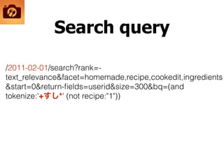 Search query
/2011-02-01/search?rank=-
text_relevance&facet=homemade,recipe,cookedit,ingredients
&start=0&return-ﬁelds=userid&size=300&bq=(and
tokenize:'+すし*' (not recipe:"1"))
 