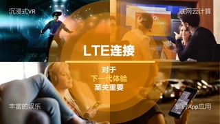LTE连接
对于
下一代体验
至关重要
沉浸式VR 联网云计算
丰富的娱乐 即时App应用
 