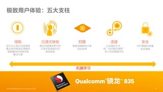 6
Qualcomm®骁龙™ 835
极致用户体验：五大支柱
拍摄
智能地捕捉和分享
你的世界
续航
迄今为止我们功效表现
最出色的骁龙处理器和
速度最快的快速充电
解决方案
沉浸式体验
虚拟和增强世界中的
沉浸式现场娱乐及
游戏体验
连接
以无线的方式，
将“光纤般的速度”
带入你的智能手机
安全
内外兼备的多重
安全保障
6Qualcomm骁龙是Qualcomm Technologies, Inc.的产品
机器学习
 