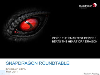 INSIDE THE SMARTEST DEVICES
                    BEATS THE HEART OF A DRAGON




    SNAPDRAGON ROUNDTABLE
    SANDEEP SIBAL
    MAY 2011
1
                                       Qualcomm Proprietary
 