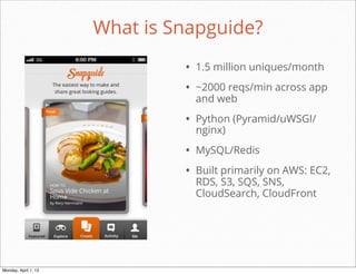 What is Snapguide?
                               • 1.5 million uniques/month
                               • ~2000 reqs/min across app
                                 and web

                               • Python (Pyramid/uWSGI/
                                 nginx)

                               • MySQL/Redis
                               • Built primarily on AWS: EC2,
                                 RDS, S3, SQS, SNS,
                                 CloudSearch, CloudFront




                                            daniel@snapguide.com • conﬁdential do not distribute



Monday, April 1, 13
 