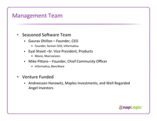 Management Team 

 •  Seasoned SoBware Team 
    •  Gaurav Dhillon – Founder, CEO 
        •  Founder, former CEO, Informa7ca 
    •  Eyal Shavit –Sr. Vice President, Products 
        •  Mevio, Macrovision 
    •  Mike PiOaro – Founder, Chief Community Oﬃcer 
        •  Informa7ca, BancWare 


 •  Venture Funded 
    •  Andreessen Horowitz, Maples Investments, and Well Regarded 
      Angel Investors 
 