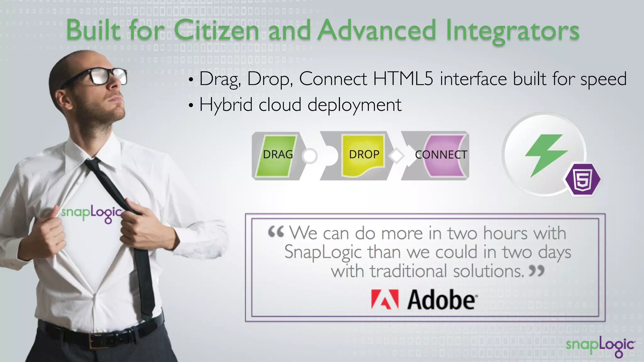 Built for Citizen and Advanced Integrators
• Drag, Drop, Connect HTML5 interface built for speed
• Hybrid cloud deployment