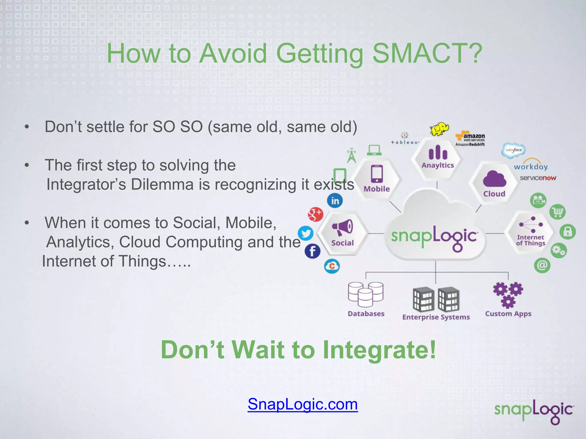 Common SnapLogic Use Cases! 
Cloud App 
Integration 
• Workday: HR 
On-Boarding 
• Salesforce: CRM 
Back Office 
• Eliminate SaaS 
Silos 
Digital 
M 
arketing 
• AWS Redshift 
• Tableau, 
Social, CRM 
• Cloud 
Analytics 
Big Data 
Analytics 
• Data Access 
• Data 
Preparation 
• Data Delivery 
Enterprise 
Platform 
• Self Service 
• Data, Apps, 
APIs 
• Integrator’s 
Solution 
 