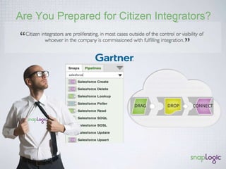 The Integrator’s Dilemma 
Old Approaches Not Built for the New Data Challenges 
Legacy EAI Legacy ETL 
Organizations are increasingly turning to iPaaS offerings because of their close 
affinity with SaaS and the anticipated greater ease of use, lower costs and faster 
time-to-integration than traditional integration platforms. 
. 
• Not built for the web 
• On-prem ESB (xml, soap) 
• Code-intensive 
• Built for rows and columns 
• Batch-oriented 
• Struggles with real-time 
 