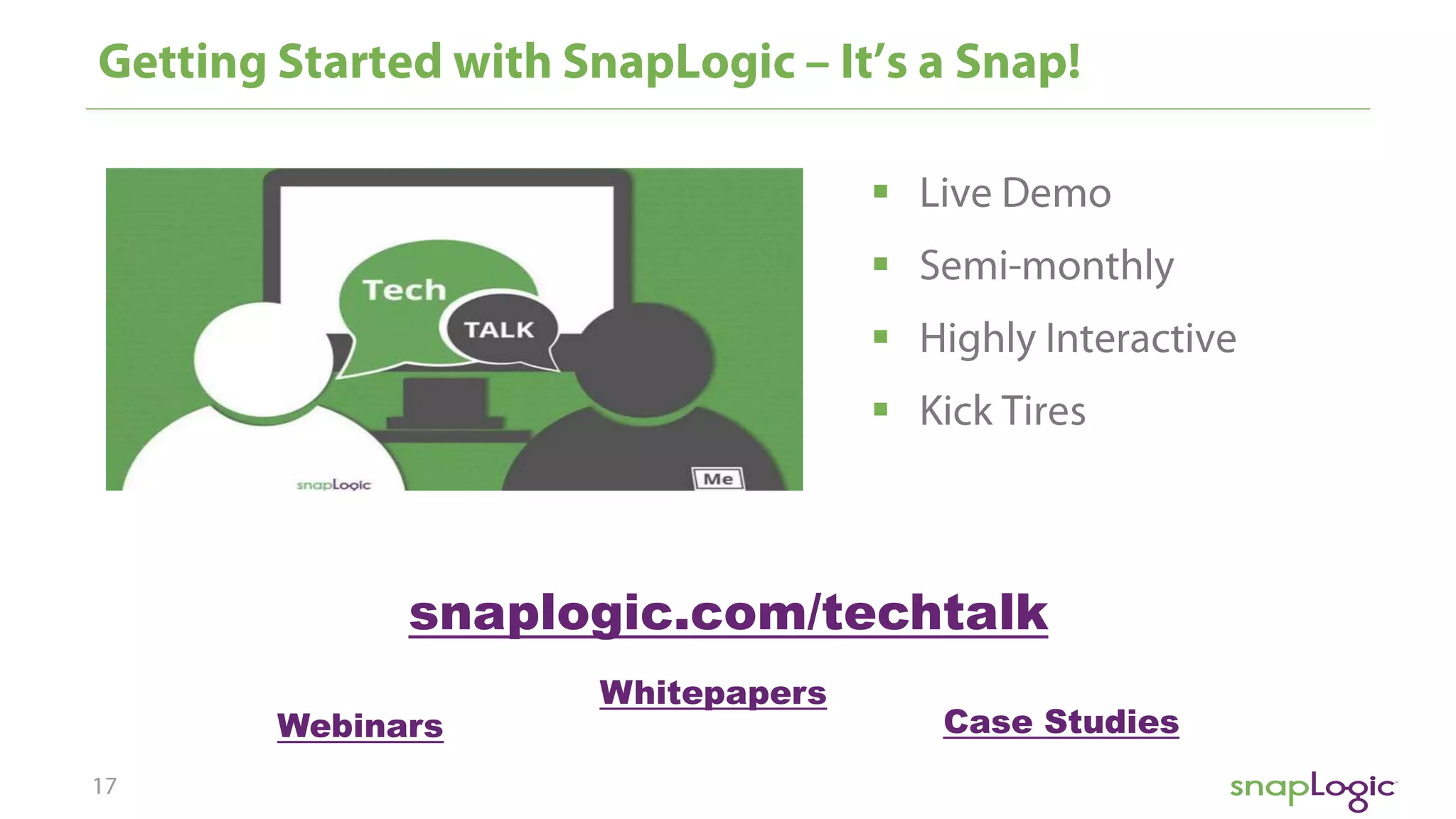 



snaplogic.com/techtalk
Webinars
Whitepapers
Case Studies
 