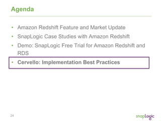 24
Agenda
• Amazon Redshift Feature and Market Update
• SnapLogic Case Studies with Amazon Redshift
• Demo: SnapLogic Free Trial for Amazon Redshift and
RDS
• Cervello: Implementation Best Practices
 