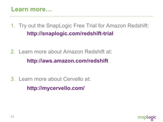 33
Learn more…
1. Try out the SnapLogic Free Trial for Amazon Redshift:
http://snaplogic.com/redshift-trial
2. Learn more about Amazon Redshift at:
http://aws.amazon.com/redshift
3. Learn more about Cervello at:
http://mycervello.com/
 