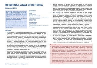 Page 1 of 12
SNAP: Regional Analysis Syria – 28 August 2013
This Regional Analysis of the Syria conflict
(RAS) is a light version updating the July RAS
and provides information on key
developments during the month of August
while continuing to highlight the priority
concerns.
The next full version of the RAS will be
published at the end of September.
The RAS seeks to bring together information from
all sources in the region and provide holistic
analysis of the overall Syria crisis. The Syria
Needs Analysis Project welcomes all information
that could complement this report. For more
information, comments or questions please email
SNAP@ACAPS.org.
REGIONAL ANALYSIS SYRIA
28 August 2013
Overview
 Syria: Reports of the use of chemical weapons on 3 districts in the suburbs of
Damascus have refocused the international community’s attention on Syria.
Doctors from the areas affected, each of which have been under opposition
control and besieged by Government of Syria (GoS) forces, confirmed 355
deaths from 3,600 treated in hospitals with symptoms consistent with
exposure to chemical toxins. UN investigators were allowed to visit an attack
site five days later, although the mission has been obstructed by security
incidents. The opposing parties to the conflict accuse each other of using
chemical weapons while international Governments and media outlets have
been quick to take sides. Amid reinvigorated international rhetoric concerning
an intervention in Syria, several countries, including the US, are preparing for
possible military action. Reports on 28 Aug indicated an increased movement
of civilians to the Lebanese border. The talks scheduled in preparation of the
Geneva II conference have been postponed.
 Meanwhile, the humanitarian situation continues to further deteriorate. The
threat of an international intervention has further depreciated the Syrian
pound, reducing access to basic needs. During August, the hottest month of
the year, access to clean drinking water has been severely limited in certain
areas and while there is limited information available on the WASH situation,
anecdotal information from specific locations indicate an increase in hygiene
related diseases, particularly in IDP camps.
 With the breakdown of law and order in many areas, the GoS recently
legalised armed private security companies for the purposes of individual,
installation and asset protection. While this reveals the tremendous pressure
faced by Syrian security forces, particularly the police, it may introduce new
and potentially unaccountable arms bearers in an already highly fragmented
playing field, opening the way for further human rights abuses.
 Host countries: The continuing hostilities in Syria and the lack of basic
services displaced thousands to neighbouring countries in recent weeks. The
number of registered refugees is close to reaching 2 million. August
witnessed the largest mass exodus of Syrians as 46,000 people fled into the
Kurdistan Region of Iraq (KR-I) in just 10 days following the opening of the
Peshakapor border crossing on the 15
th
. People reportedly fled as a result of
both the on-going hostilities between Kurdish groups and Al Qaeda-linked
elements and economic hardship. This unprecedented influx of people has
been met with a swift humanitarian response, though many thousands are
accommodated in temporary shelters awaiting more adequate solutions.
 As the political situation in Egypt remains deeply unstable, Syrians have
endured hostilities from the host community and have been subject to tighter
restrictions on its movements. UNHCR has reported a surge of Syrians
coming forward to be registered, in the hope of being afforded greater
protection. There has been a sharp increase in passengers flying from Cairo
en route to Syria, suggesting that many are choosing to return rather than
remain in Egypt amid the unrest and lack of basic protection.
 On 23 August 2 bombs in the Lebanese city of Tripoli killed 47 people and
wounded over 500. The attacks came just over a week after an attack in
Beirut’s southern suburbs in which 30 people died, the second in this district
in recent months. This deteriorating security situation is heightening the
tensions that have been simmering across the country as the host community
and the Syrians continue vying for jobs, accommodation and resources.
Possible developments
 Irrespective of any international military intervention, the conflict within Syria
will continue around the strategic urban centres (Damascus, Al-Hasakeh,
Aleppo, Deir-ez-Zor and Homs). Displacement within Syria will continue and
across the borders into KR-I and Lebanon. Meanwhile tensions between host
communities and refugees in Lebanon will rise.
 Short term international military intervention in Syria is unlikely to have
significant consequences for the humanitarian situation in the short term.
Although any changes in the balance in the power may change the dynamics
of the conflict, similar humanitarian needs and constraints will remain.
 Humanitarian access within Syria will continue to be constrained by insecurity
and political restrictions at a local level. The most effective interventions will
be with or through national organisations, flexible enough to take advantage of
windows of opportunity.
Content list
Overview
Syria
Overview Map
Possible developments
Operational constraints and assessments
August conflict pattern
Displacement
Sectoral page
Host countries
Overview Map
Key concerns
Operational constraints and assessments
Country pages
 