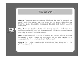 How We Work?



Phase 1: Campaign Kick-Off: Snappar works with the client to develop the
custom interactive solution scenario: scope out the project: document key
timelines, goals, deliverables, messaging. Develop and confirm scenario
storyboards.

Phase 2: Content Creation: Media artists develop assets for a custom solution:
source sound effects, video files and other assets. Create media content and
animation. Validate and test the content.

Phase 3: Programming: Engineers customize the solution through licensed
technology scripting, where the interactivity of the user experience is
developed. Develop scenario and validate final result

Phase 4: Final delivery: Final version is tested and then integrated on the
platform requested.
 