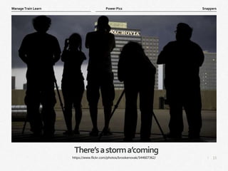 15
|
Snappers
Manage Train Learn Power Pics
There’sastorma’coming
https://www.flickr.com/photos/brookenovak/544607362/
 