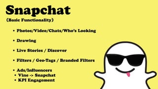 Snapchat
• Photos/Video/Chats/Who’s Looking
• Drawing
• Live Stories / Discover
• Filters / Geo-Tags / Branded Filters
• Ads/Influencers
• Vine -> Snapchat
• KPI Engagement
(Basic Functionality)
 