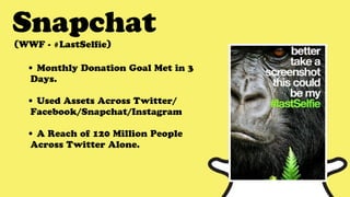 Snapchat
(WWF - #LastSelfie)
• Monthly Donation Goal Met in 3
Days.
• Used Assets Across Twitter/
Facebook/Snapchat/Instagram
• A Reach of 120 Million People
Across Twitter Alone.
 