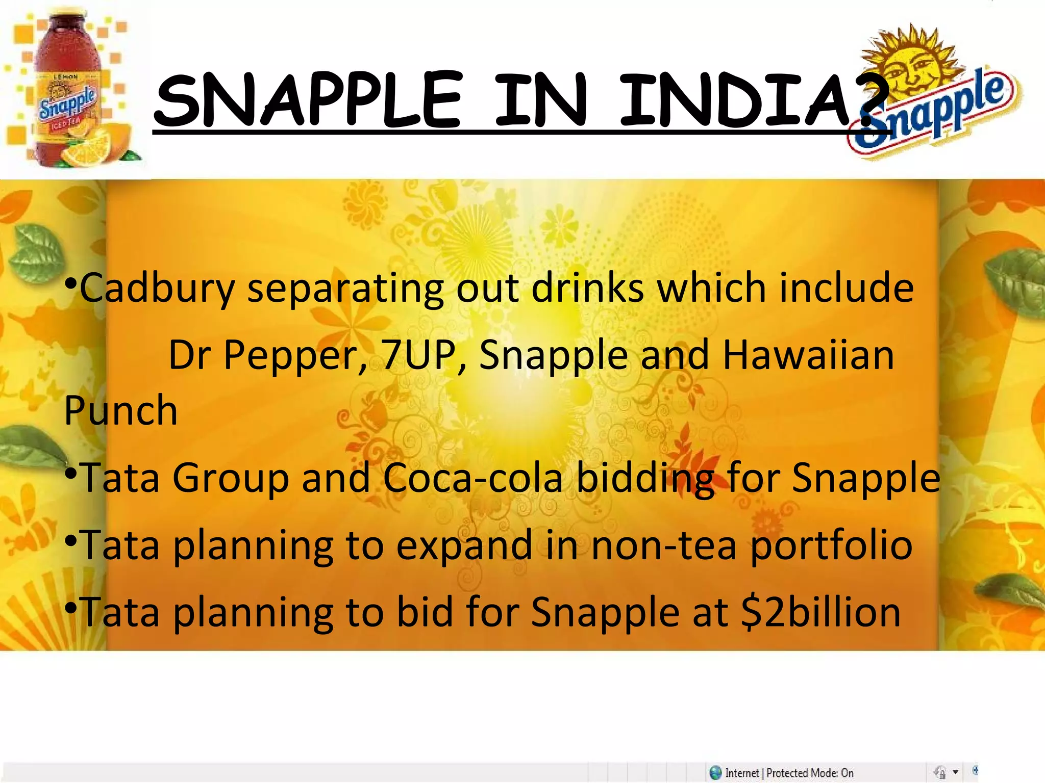 SNAPPLE IN INDIA?
•Cadbury separating out drinks which include
Dr Pepper, 7UP, Snapple and Hawaiian
Punch
•Tata Group and Coca-cola bidding for Snapple
•Tata planning to expand in non-tea portfolio
•Tata planning to bid for Snapple at $2billion
 