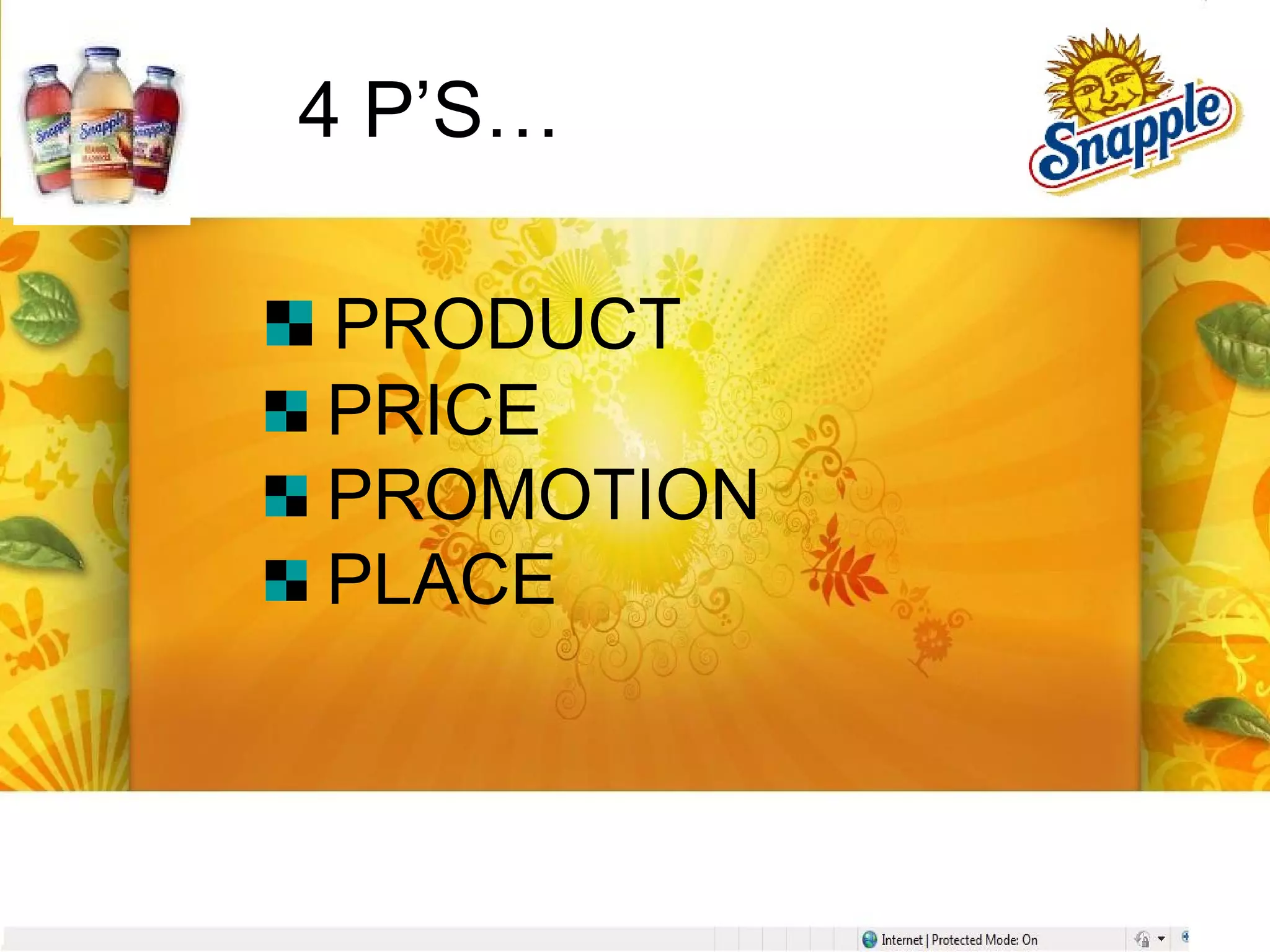 4 P’S…
PRODUCT
PRICE
PROMOTION
PLACE
 
