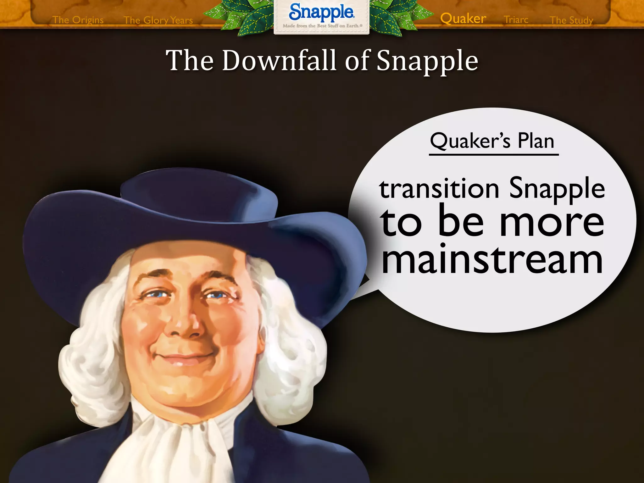 The0Downfall0of0Snapple
transition Snapple
Quaker’s Plan
mainstream
to be more
The GloryYears Quaker The StudyTriarcThe Origins
 