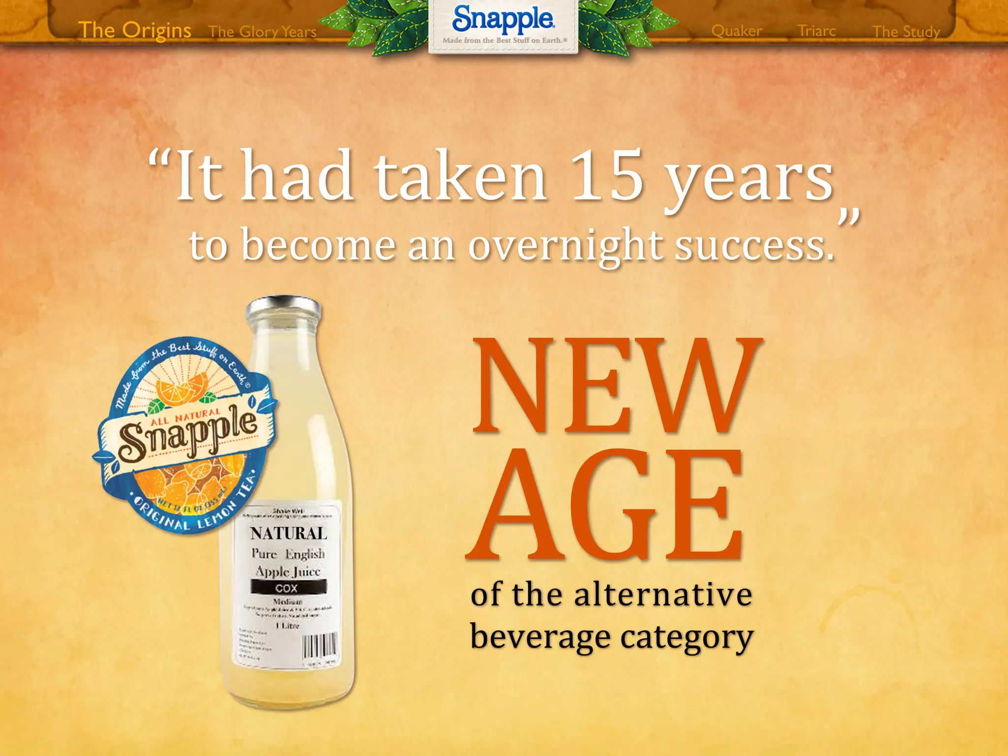 “It0had0taken0150years
to0become0an0overnight0success.”0
NEW
of0the0alternative0
beverage0category
AGE
The GloryYears Quaker The StudyTriarcThe Origins
 