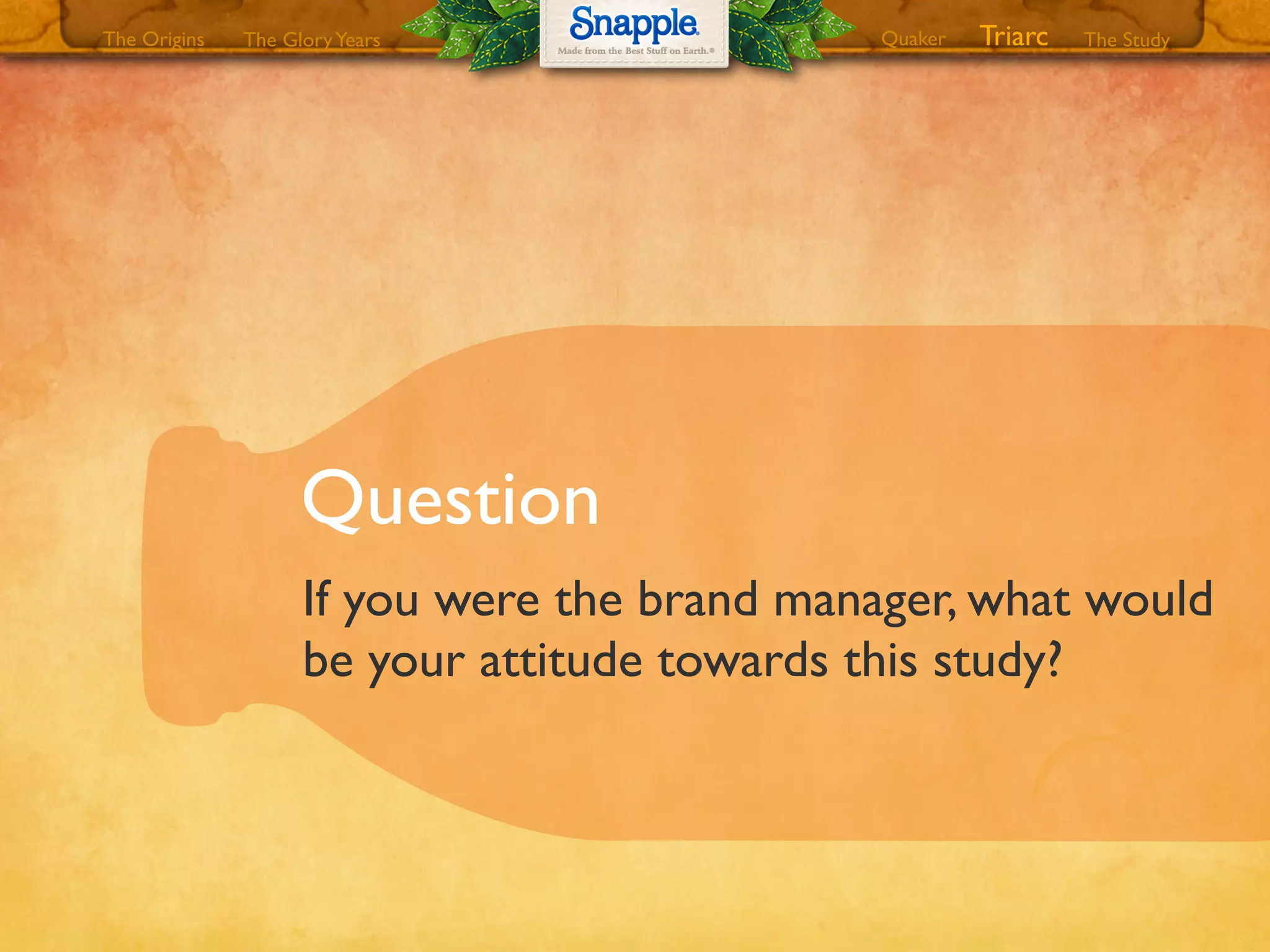 Question
If you were the brand manager, what would
be your attitude towards this study?
The GloryYears Quaker The StudyTriarcThe Origins
 