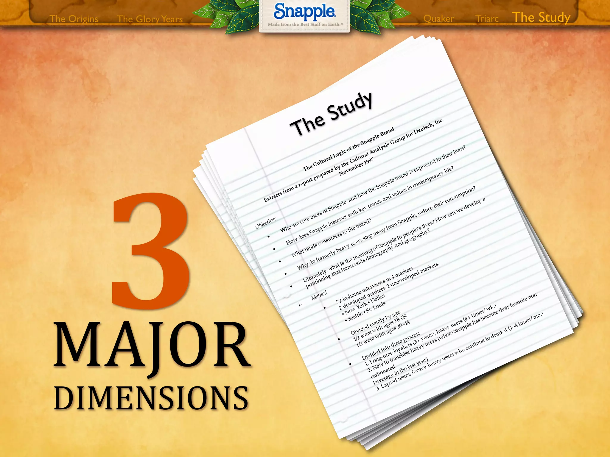 Wendy reaches all Snapple drinkers but not with equal efﬁcacy. In New
York and Seattle, people are
more likely to read Wendy on multiple levels. In New
York individuals tend to be much more
familiar with the Snapple story, and Wendy Kaufman is familiar in terms of lived experience, “I
know
people like that.” Wendy plays least well in heartland, where she seems more “exotic” than
“could be anyone.” In Dallas and St. Louis respondents see Wendy as “funny,” “friendly,” “full of
life,” “energetic, not M
adison Avenue slick.”
Conclusions and Implications
•
Regional ethos. Areas that are most “settled,” self-satisﬁed, are least susceptible to
Snapple’s “subversive” appeal. Areas with a postmodern mindset—
a playful exuberance,
expression of vivid sensuality (personal authenticity), and mix and match ethos—
are
Snapple territory.
•
Authenticity is pivotal. Overstating or misrepresenting Snapple’s health beneﬁts does
more harm
than good. Snapple needs to be just healthy enough. Feeling better about
yourself is an integral part of the Snapple experience, but it need not be the most
important part.
•
Corporate image inﬂuences brand image. It need not be a small company, but should be a
caring company. Like social reinforcement, corporate image provides justiﬁcation for use.
Snapple needs to stand for something.
•
Intermediate/interstitial character of Snapple is both strength and weakness. As a
strength, it broadens the customer base and market niche and is a source of symbolic
power. As a weakness, the brand can move quickly from
hero to villain. (In mythology,
interstitial ﬁgures frequently play the role of “trickster.”)
•
Social inﬂuence. Intensity of Snapple use is closely correlated with social presence.
(Serious Snapple drinkers far more likely to be surrounded by other Snapple drinkers.)
•
Become more established. M
ust move Snapple from
a “fashion water” to a staple brand
like Pepsi, Coke, Sprite with well-deﬁned beneﬁts and image.
•
Develop sensuality of the Snapple experience. As with apples, there is an emphasis on
mouth feel. Consumption is not a rational act, as water consumption is. Unlike sodas,
Snapple is both soothing and stimulating.
•
Snapple moments. Fold Snapple into personal, daily rituals—
time out from
the mundane,
transitional moments, sense of “letting go,” both restorative and sensual. Link to trend
away from
a mechanistic vision of health toward a more holistic, “good for you,” being
good to yourself, getting back in touch, de-stressing vision.
•
Community marketing strategies. Build on brand’s personal, local character.
Rumors
There is a disproportionate number of rumors about Snapple, initially fueled by Snapple’s
mysterious and unsettling ﬂorescence. They typically start with GenXs studying the label and
detecting a slave ship or the letters KKK, combined with a cynical worldview
where conspiracies
are rampant, and a taste for celebrating the down and out.
Rumors have suggested that Snapple is anti-abortion, anti-gay, donating money to Jesse Helms,
and that Rush Limbaugh has major investment with Snapple. The rumors vary but the themes are
remarkably consistent. They are not about the product, but about the company, the “owners.”
Snapple is in an analogous situation to the Body Shop, which is also the subject of a
disproportionate number of rumors.
The issue is not the truth or falsity, or even impact on sales, but rather the underlying message,
which is one of a deep sense of betrayal, perhaps over implicit health claims, or a fear that Snapple
is not alternative but rather reactionary.
What Is Driving Decreased Consumption?
There appears to be no “Great Attractor” sucking consumers away from
the brand, rather a drift
away in all directions, toward water, back to sodas, to other competitors in the category, e.g.,
AriZona, Fruitopia. No competing brand stands out. Most competitors within the category were
seen as inferior, even by lapsers, e.g., “too sweet.” Some drink less Snapple juice and add ice tea.
There is also natural attrition, caused by problems of distribution: “I can’t ﬁnd my ﬂavor
anymore,” or “My grocery store has only peach diet tea and kiwi strawberry and I’m
getting tired
of kiwi strawberry” or “Coke made them
take the Snapple coolers out at high school.”
There are health issues, especially with 30–44 age group, a wake-up call from
the doctor, increasing
health sophistication. Non-lapsers often were not label readers.
Authenticity was a concern, especially with 18–29 age group, who are very sensitive to being
tricked: “It even costs more than real juice,” or the contrast between Snapple’s small company
image and the size of the company.
Fashionability and negative social pressure were sometimes explicit: A
young male in SL, “I used
to drink a lot of Snapple, AriZona is newer” or a 40-year-old artist in NY, “It’s no longer avant
guarde.” More often they were implicit, a feeling you get carrying or drinking Snapple in public,
often expressed as a lack of presence, “You just don’t see it anymore,” “W
hat happened to
Wendy?” there was a feeling that Snapple has lost its focus and no longer appeals to imagination.
“I heard they ﬁred Wendy.”
Social Reinforcement
The amount of Snapple consumed is highly correlated with intensity of Snapple use in the
respondent’s immediate social environment. It’s not that Snapple is a social beverage—it is
rarely shared, and it is not true that those who drink Snapple with others (e.g., lunch with
colleagues) are more likely to be a loyalist.
Rather Snapple use needs to be socially reinforced. It is not physiologically addictive, and it
lacks the conceptual coherence that drives bottled water (good for you, purifying, intimations of
working out) or Gatorade (replenishment, intensity, etc.).
Adoption Process
Adoption, becoming a heavy user, is typically extended over several years. Most “new” drinkers
had been aware of Snapple as far back in time as long-term
loyalists. Many have been drinking
Snapple for years. Conversion to heavy use is typically no sudden revelation, but an extended
process.
Snapple drinking ﬂows through friendship networks. “Signiﬁcant others” stand out as a key
inﬂuence. Flow
tends to be from
female to male. Among females, “we talk about everything.”
Among guys, it typically works differently. It is based on observing what friends order, how
much they wanted it, etc. But generally adopters try not to imitate immediately.
If it comes from
Mom, becomes sacred.
Usage
A high percentage of purchases are single bottles for immediate consumption, “I could save
money by buying in bulk, but I don’t.” Snapple ﬁts with sandwiches and delis, not fast food.
Usage ﬂuctuates seasonally, diurnally, and cyclically: “I drink Snapple when I drive on long
trips.” It’s an individualistic, atomistic experience, normally not social or familial.
Snapple moments tend to be on the go, between here and there, yet for many loyalists it’s not
truly an impulse buy: “That ﬁrst 15 minutes when I get home from
work . . . I don’t answer the
phone, sit down and have a Snapple.” It is part of a salesman’s routine stop for gas, part of
taking baby for a morning stroll, a way to get through early morning class, “breakfast at
Dunkin’ Donuts, then home with a Snapple while I do the crossword in the morning
newspaper.”
ivotal Characteristics
• Authentic The brand pivots on trust. It makes implicit health claims. Its name conveys
healthiness:
snap active, healthy
apple healthy
The fruitiness claim
works on the same level as the vegetable content of V8 juice. Fruit is healthy,
Snapple is fruity, so Snapple is healthy. If it is seen as faux fruit juice (e.g., Sunny Delight, Kool-
Aid, etc.), then its claims (All natural ingredients, Made from
the best stuff on earth) become just
so much hype and Snapple drinkers are chumps. As a brand there is a Johnnie Walker character to
Snapple. It can ﬂicker from
optimum
and premium
to impure and inauthentic.
• Fun It’s irreverent. Serious and Snapple go together like oil and water. To some extent fun is a
category characteristic, differentiating all such beverages from
serious health drinks, but Snapple
is fun in a way unduplicated by any other brand of soft drink. It is informal, natural, personal,
and playful. That partly derives from
full taste, and partly because it represents a break from
mundane roles and responsibilities. It is not “a pure escape” but of a circumscribed and portable
sort, one which is easily resealed and apportioned. The playfulness is reinforced by imaginative
use of names, e.g., Melon Berry, Kiwi Strawberry, Mango Madness.
• Personal There’s so much variety to choose from. You can ﬁnd yourself within the brand. The
diversity within Snapple Brand makes it a model for a multicultural society. There’s a creative
dimension that enhances and enlarges who you are. The logic of Snapple is very like the logic of
contemporary music, a creative fusion of styles and genres. Snapple as a brand is constantly
revising what it is. There is the image of a small, caring company. It is almost too individualistic. It
is not a family drink. Snapple in the refrigerator increases family tension.
• Vividly Sensual Snapple tastes good or it is nothing. Luxury today is being redeﬁned. It need
not be a big purchase.
1.
• Snapple deﬁned by what it is not. It is suspended between:
depravity Snapple deprivation
(colas) (water, carrot juice, etc.)
It may substitute for cola, but is by no means conceptually equivalent.
Snapple use is driven, and deﬁned in large part, by a reaction against colas:
Colas = modernity:
unnatural
artiﬁcial image impersonal uniformity , exclusion mass production authority
Snapple = reaction to modernity:
natural
real
personal
diversity , inclusiveness variety , individualism
anti-authority, irreverence
It is not necessarily new age, nor a return to the past, but a bit of both. By
“alternative,” users do not mean drop-outs, sullen and alienated. Snapple is not like
water. Snapple is a treat: Unlike water, “You can’t carry it around without drinking it.”
The Cultural Logic of the Snapple Brand
Extracts from a report prepared by the Cultural Analysis Group for Deutsch, Inc.
November 1997
Objectives
•
Who are core users of Snapple, and how the Snapple brand is expressed in their lives?
•
How does Snapple intersect with key trends and values in contemporary life?
•
What binds consumers to the brand?
•
Why do formerly heavy users step away from Snapple, reduce their consumption?
•
Ultimately, what is the meaning of Snapple in people’s lives? How can we develop a
positioning that transcends demography and geography?
1.
Method
•
72 in-home interviews in 4 markets
2 developed markets: 2 undeveloped markets:
• New York • Dallas
• Seattle • St. Louis
•
Divided evenly by age:
1⁄2 were with ages 18–29
1⁄2 were with ages 30–44
•
Divided into three groups:
1. Long-time loyalists (3+ years), heavy users (4+ times/wk.)
2. New to franchise heavy users (where Snapple has become their favorite non-
carbonated
beverage in the last year)
3. Lapsed users, former heavy users who continue to drink it (1–4 times/mo.)
The Study
3MAJOR
DIMENSIONS0
The GloryYears Quaker The StudyTriarcThe Origins
 
