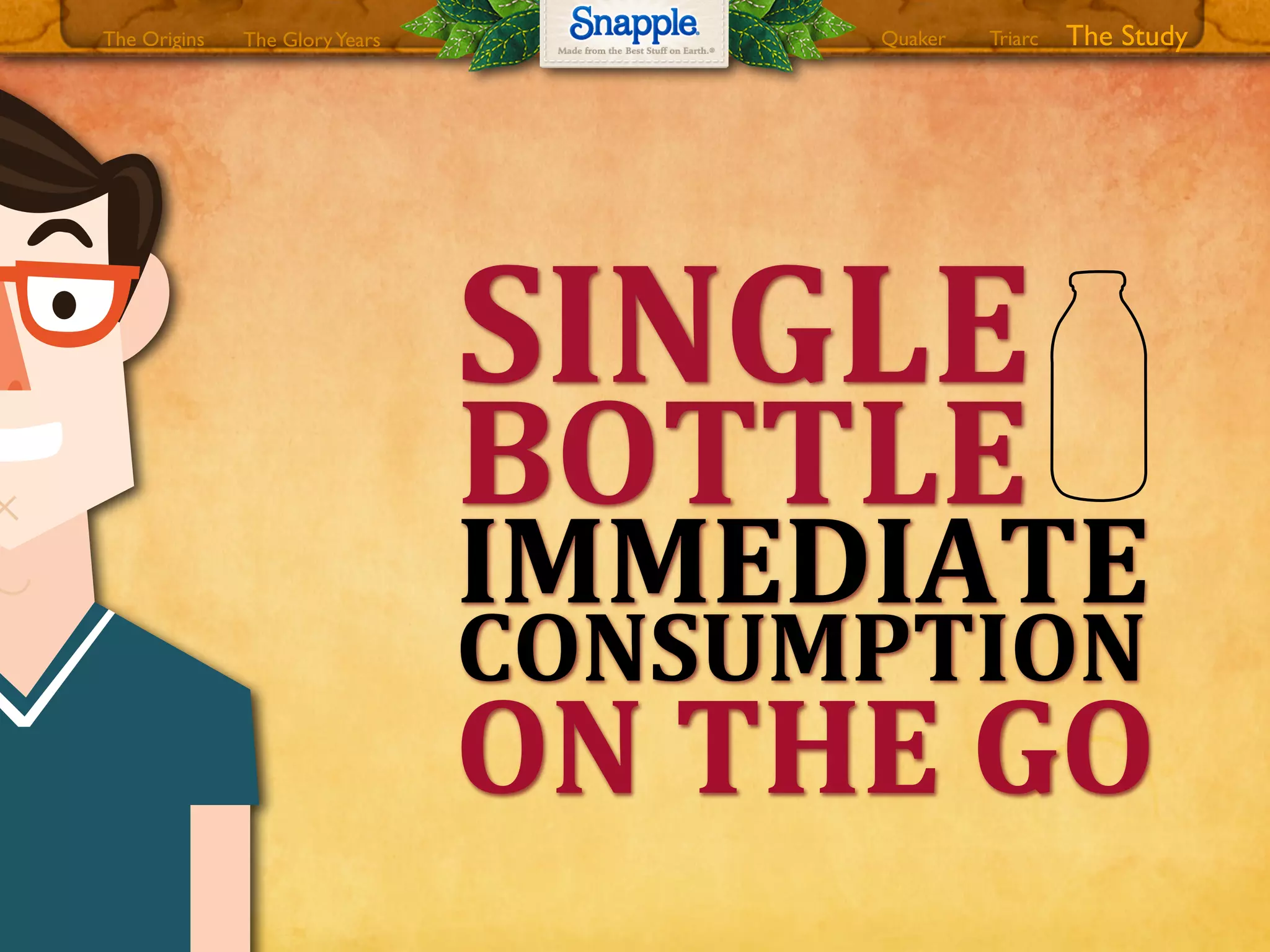 SINGLE8
BOTTLE8
IMMEDIATE
CONSUMPTION
ON8THE8GO
The GloryYears Quaker The StudyTriarcThe Origins
 