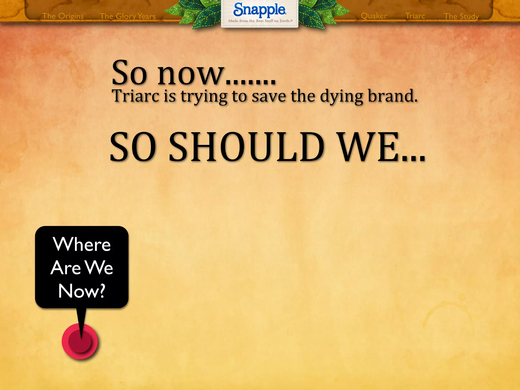 The GloryYears Quaker The StudyTriarcThe Origins
So0now.......Triarc0is0trying0to0save0the0dying0brand.
SO0SHOULD0WE...
Where
Are We
Now?
 