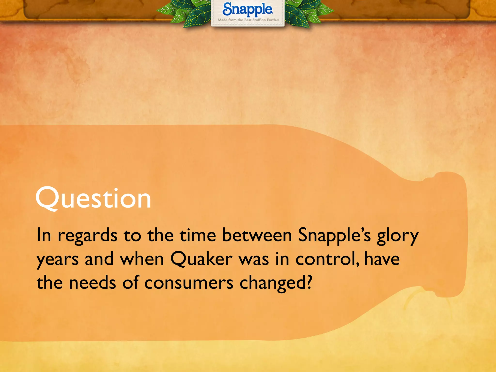 Question
In regards to the time between Snapple’s glory
years and when Quaker was in control, have
the needs of consumers changed?
 