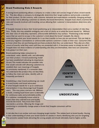 20
OWN
IDENTIFY
WITH
VALUE
UNDERSTAND
Brand Positioning Risks & Rewards
A strong brand positioning allows a company to create a clear and concise image of what a brand stands
for. This also allows a company to strategically determine their target audience and provide a standard
for their product. On the contrary, with customer demands and expectations constantly changing perhaps
there is less risk to allowing customers to identify the brand themselves. Snapple must clearly examine the
risks and rewards involved with branding versus allowing their customer’s interpretations determine who
they are.
If Snapple chooses to leave their brand positioning up to interpretation there are a number of risks they
face. Firstly, this may establish ambiguity and a lack of clarity as to what the brand stands for. Without
this clear view of what they represent, unfavourable definitions may surface. “Positioning is the mental
space that we want to occupy in the customer’s mind about the brand” (Joseph). By clearly
understanding what your brand stands for it can then transfer to how you are perceived. This can help to
avoid any negative connotations or unfavourable opinions customers create on their own. Consumers like
to know what they are purchasing and purchase products that they can understand. They also are often
unsure of exactly what they want until they are presented with it. It becomes easier to simply be told. If
Snapple does not show evidence of understanding who they are themselves, then how can consumers
truly grasp it on their own.
SNAPPLE’SBRANDPOSITIONING:Risks
Brand positioning helps consumers to
understand, value, identify with, and ultimately
own their product. A brand positioning model
has been established indicating its importance.
(Gram) This model indicates the possible risks
that would coincide with allowing customers to
establish their own meanings of Snapple.
As previously mentioned, if a consumer does
not understand the product they are less likely
to follow the chain and value, identify with or
frequently purchase it.
Establishing a clear brand positioning can result
in brand loyalty and brand advocates.
If what Snapple stands for is up to continuous
interpretation it may discourage loyal Snapple
users. This may pose a serious risk. Without
a doubt, creating loyal brand users is desirable
for continuous sales and predictable profits.
If a customer consistently knows what to
expect then they will feel trust and loyalty
towards the brand. They know their brand
represents a promise. Allowing the image and
positioning to consistently change poses a threat that Snapple consumers will be
confused.
A risk also lies in an unclear and ever-changing target market. This relates back to brand loyalty. Having
a clear understanding of what your brand stands for assists in clearly identifying who you are targeting.
This prevents wasted funds attracting the wrong people and should ultimately lead to higher profits.
 