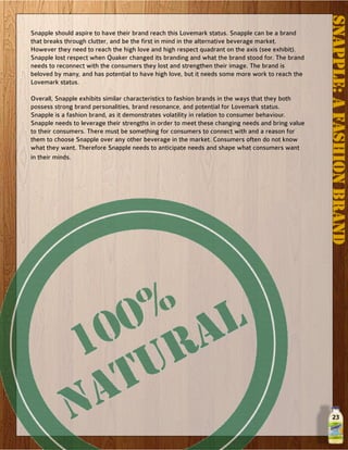 23
Snapple should aspire to have their brand reach this Lovemark status. Snapple can be a brand
that breaks through clutter, and be the first in mind in the alternative beverage market.
However they need to reach the high love and high respect quadrant on the axis (see exhibit).
Snapple lost respect when Quaker changed its branding and what the brand stood for. The brand
needs to reconnect with the consumers they lost and strengthen their image. The brand is
beloved by many, and has potential to have high love, but it needs some more work to reach the
Lovemark status.
Overall, Snapple exhibits similar characteristics to fashion brands in the ways that they both
possess strong brand personalities, brand resonance, and potential for Lovemark status.
Snapple is a fashion brand, as it demonstrates volatility in relation to consumer behaviour.
Snapple needs to leverage their strengths in order to meet these changing needs and bring value
to their consumers. There must be something for consumers to connect with and a reason for
them to choose Snapple over any other beverage in the market. Consumers often do not know
what they want. Therefore Snapple needs to anticipate needs and shape what consumers want
in their minds.
SNAPPLE:AFashionBRAND
 