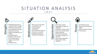 S I T UAT I O N A N A LY S I S
S W O T
Strengths
• Established brand due to
acquisition with Dr. Pepper
• Positive brand reputation
• Loyal Heartland consumers
• Sustainable practices
• Different packaging for the
product
• Caffeinated drink
• Real facts under the caps
• A lot of flavor variety
• Unique, quirky brand
image
• Affordable costs
Weaknesses
• Not in a lot of consumers
consideration sets
• A lot of outside
competition
• No international exposure
• 4th place in tea brands
• Not many consumers
outside of the heartland
Opportunities
• New target markets
• Diversifying into different
categories
• Acquisition of other brands
• Low calorie and diet drinks
• Organic products
• International industries
• Consumers looking to cut
out soda
• More natural sweeteners
• Glass bottle vending
machines
Threats
• Competitive pricing
• Disconnect with the brand
image
• Many competitor choices
• The economy
 