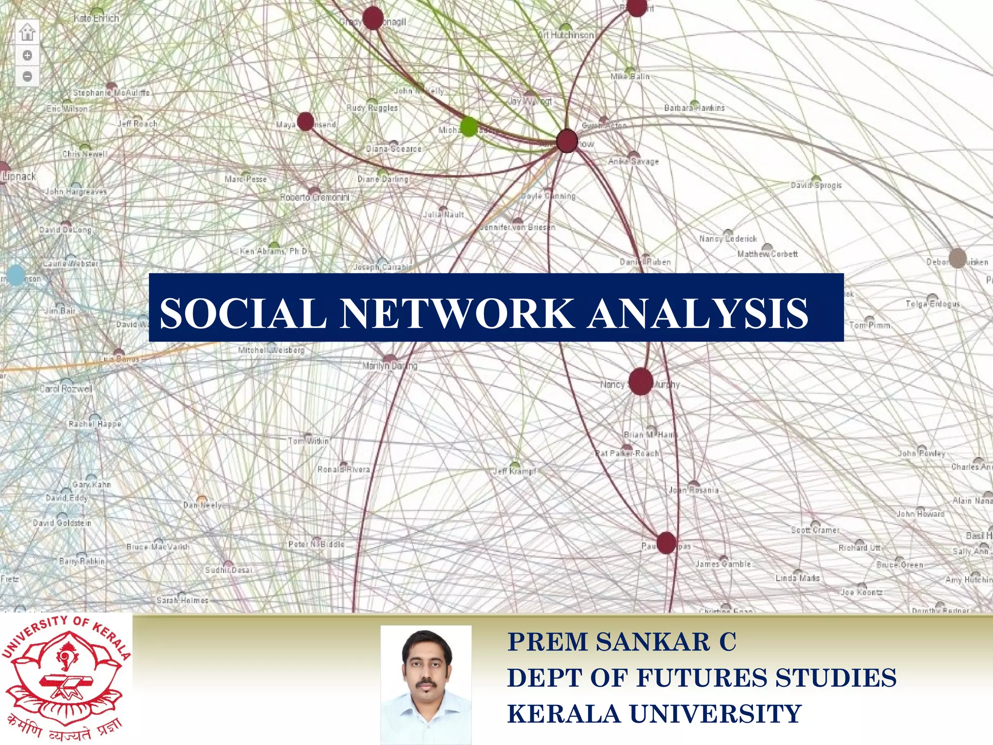 SOCIAL NETWORK ANALYSIS

PREM SANKAR C
DEPT OF FUTURES STUDIES
KERALA UNIVERSITY

 