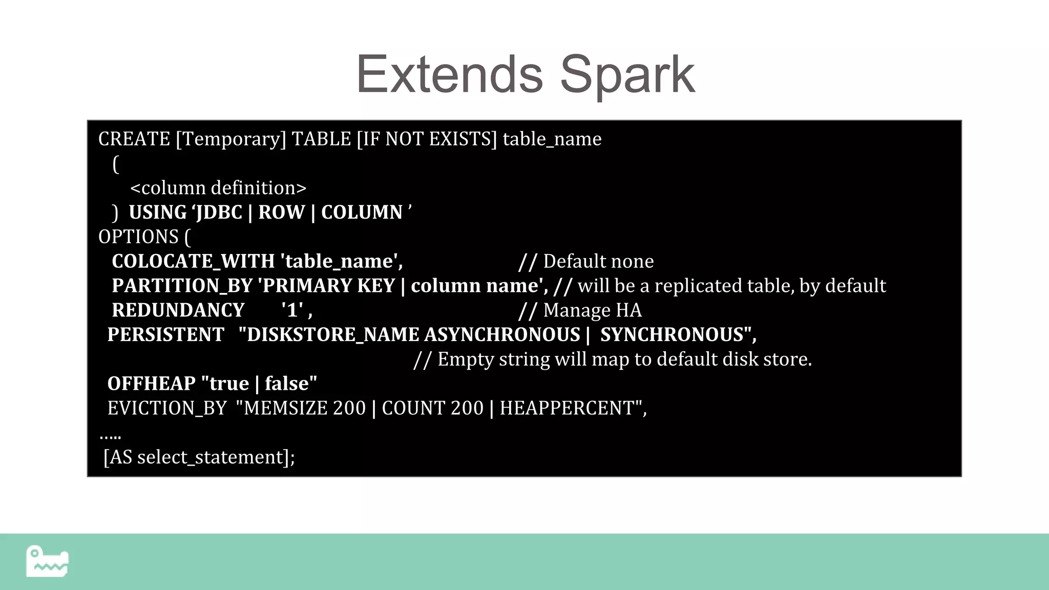 Extends Spark
CREATE [Temporary] TABLE [IF NOT EXISTS] table_name
(
<column definition>
) USING ‘JDBC | ROW | COLUMN ’
OPTIONS (
COLOCATE_WITH 'table_name', // Default none
PARTITION_BY 'PRIMARY KEY | column name', // will be a replicated table, by default
REDUNDANCY '1' , // Manage HA
PERSISTENT "DISKSTORE_NAME ASYNCHRONOUS | SYNCHRONOUS",
// Empty string will map to default disk store.
OFFHEAP "true | false"
EVICTION_BY "MEMSIZE 200 | COUNT 200 | HEAPPERCENT",
…..
[AS select_statement];
 