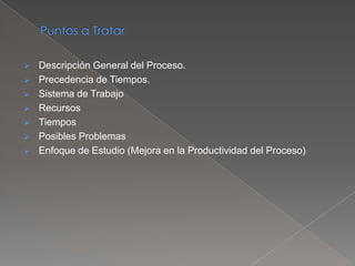  Descripción General del Proceso.
 Precedencia de Tiempos.
 Sistema de Trabajo
 Recursos
 Tiempos
 Posibles Problemas
 Enfoque de Estudio (Mejora en la Productividad del Proceso)
 