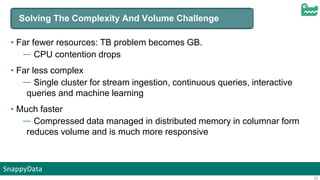 SnappyData
22
Solving The Complexity And Volume Challenge
• Far fewer resources: TB problem becomes GB.
— CPU contention drops
• Far less complex
— Single cluster for stream ingestion, continuous queries, interactive
queries and machine learning
• Much faster
— Compressed data managed in distributed memory in columnar form
reduces volume and is much more responsive
 