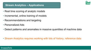 SnappyData
4
Stream Analytics – Applications
• Real time scoring of analytic models
• Incremental, online training of models
• Recommendations and targeting
• Personalized Ads
• Detect patterns and anomalies in massive quantities of machine data
• Stream Analytics requires working with lots of history, reference data
 