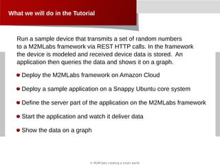 © M2M labs creating a smart world
What we will do in the Tutorial
Deploy the M2MLabs framework on Amazon Cloud
Deploy a sample application on a Snappy Ubuntu core system
Define the server part of the application on the M2MLabs framework
Start the application and watch it deliver data
Show the data on a graph
Run a sample device that transmits a set of random numbers
to a M2MLabs framework via REST HTTP calls. In the framework
the device is modeled and received device data is stored. An
application then queries the data and shows it on a graph.
 