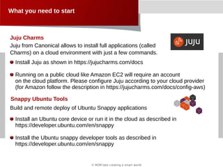 © M2M labs creating a smart world
What you need to start
Juju Charms
Install Juju as shown in https://jujucharms.com/docs
Running on a public cloud like Amazon EC2 will require an account
on the cloud platform. Please configure Juju according to your cloud provider
(for Amazon follow the description in https://jujucharms.com/docs/config-aws)
Juju from Canonical allows to install full applications (called
Charms) on a cloud environment with just a few commands.
Snappy Ubuntu Tools
Build and remote deploy of Ubuntu Snappy applications
Install an Ubuntu core device or run it in the cloud as described in
https://developer.ubuntu.com/en/snappy
Install the Ubuntu snappy developer tools as described in
https://developer.ubuntu.com/en/snappy
 