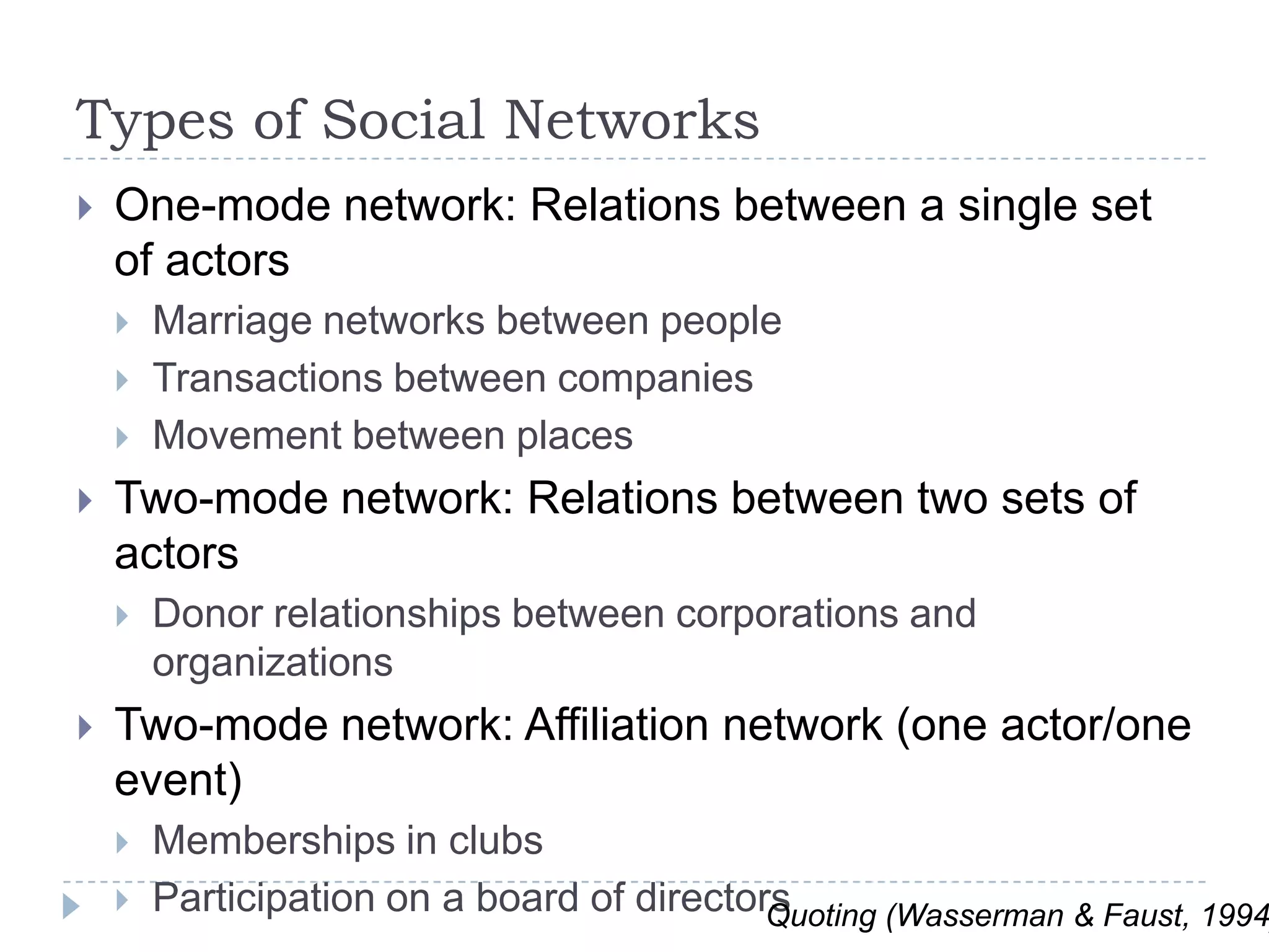 Types of Social NetworksOne-mode network: Relations between a single set of actors	Marriage networks between peopleTransactions between companiesMovement between placesTwo-mode network: Relations between two sets of actorsDonor relationships between corporations and organizationsTwo-mode network: Affiliation network (one actor/one event)Memberships in clubs Participation on a board of directorsQuoting (Wasserman & Faust, 1994)