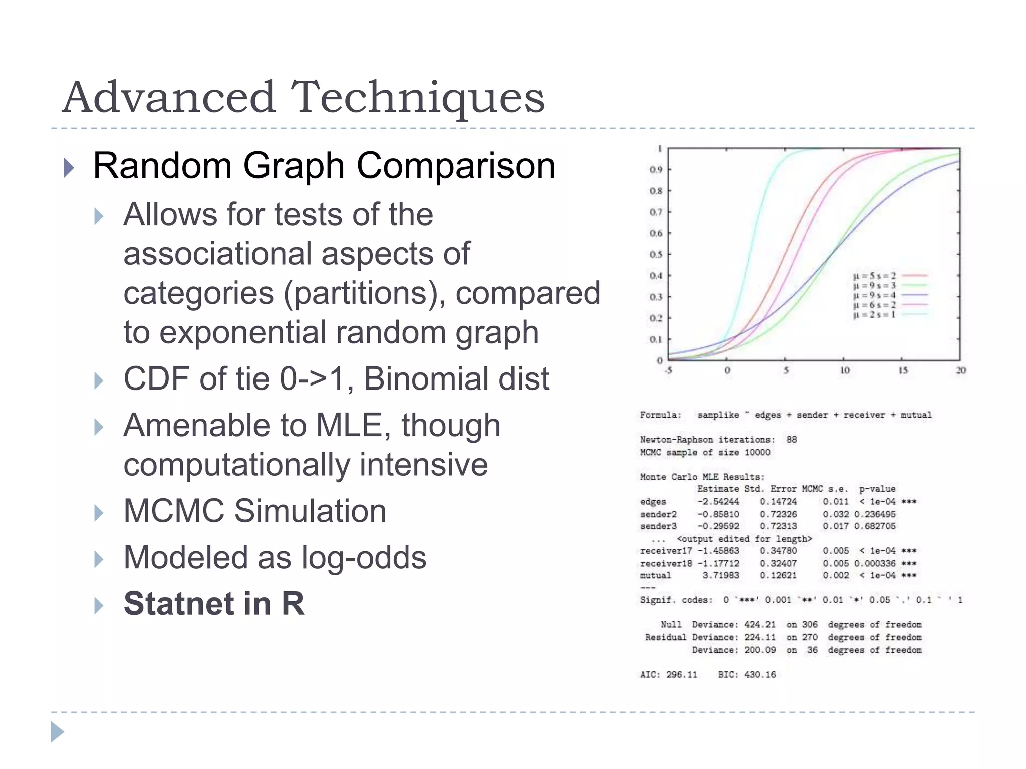 Advanced TechniquesRandom Graph ComparisonAllows for tests of the associational aspects of categories (partitions), compared to exponential random graphCDF of tie 0->1, Binomial distAmenable to MLE, though computationally intensiveMCMC Simulation Modeled as log-oddsStatnet in R