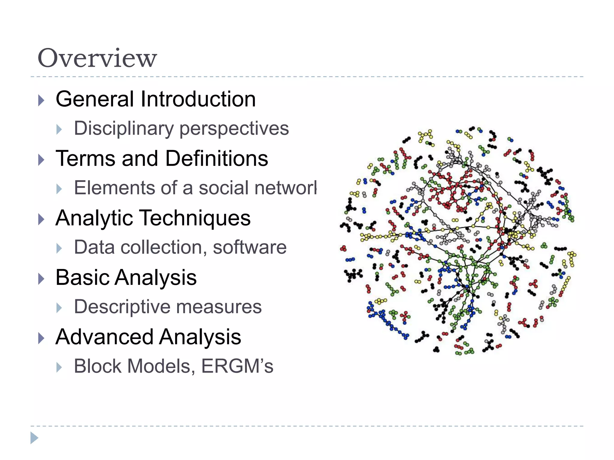 OverviewGeneral IntroductionDisciplinary perspectivesTerms and DefinitionsElements of a social networkAnalytic TechniquesData collection, softwareBasic AnalysisDescriptive measuresAdvanced AnalysisBlock Models, ERGM’s
