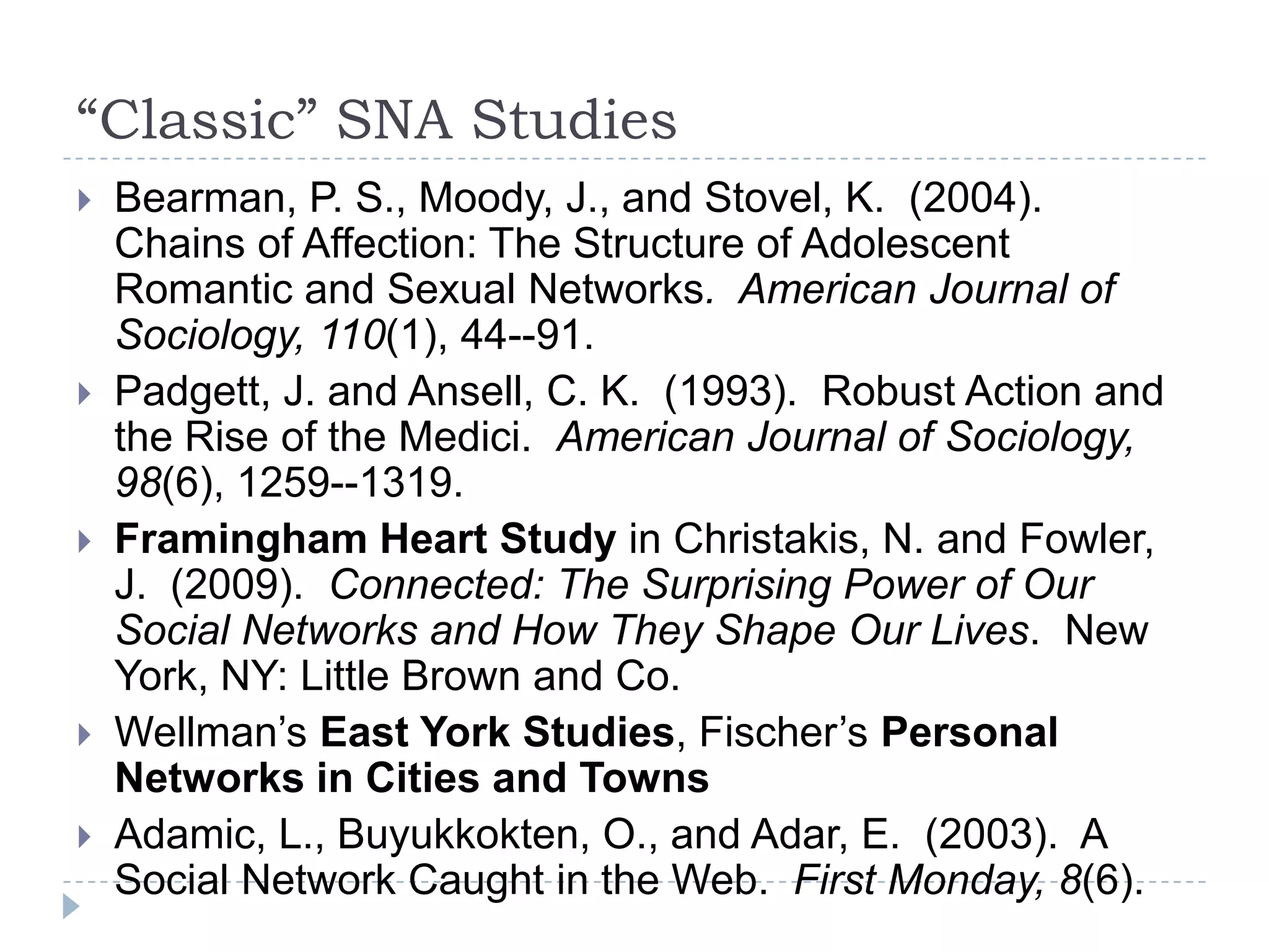 “Classic” SNA StudiesBearman, P. S., Moody, J., and Stovel, K.  (2004).  Chains of Affection: The Structure of Adolescent Romantic and Sexual Networks.  American Journal of Sociology, 110(1), 44--91.Padgett, J. and Ansell, C. K.  (1993).  Robust Action and the Rise of the Medici.  American Journal of Sociology, 98(6), 1259--1319. Framingham Heart Study in Christakis, N. and Fowler, J.  (2009).  Connected: The Surprising Power of Our Social Networks and How They Shape Our Lives.  New York, NY: Little Brown and Co.Wellman’s East York Studies, Fischer’s Personal Networks in Cities and TownsAdamic, L., Buyukkokten, O., and Adar, E.  (2003).  A Social Network Caught in the Web.  First Monday, 8(6). 