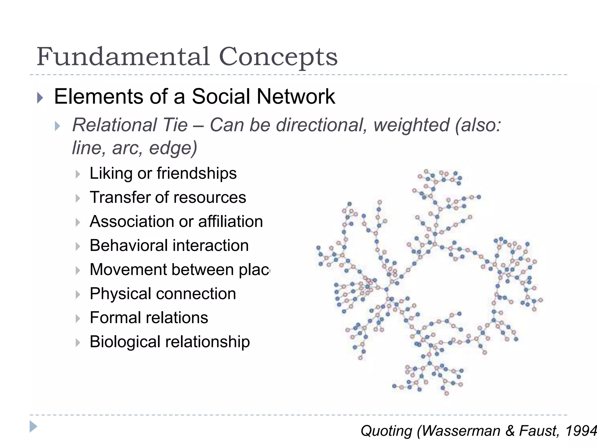 Fundamental ConceptsElements of a Social NetworkRelational Tie – Can be directional, weighted (also: line, arc, edge)Liking or friendshipsTransfer of resourcesAssociation or affiliationBehavioral interactionMovement between placesPhysical connectionFormal relationsBiological relationshipQuoting (Wasserman & Faust, 1994)