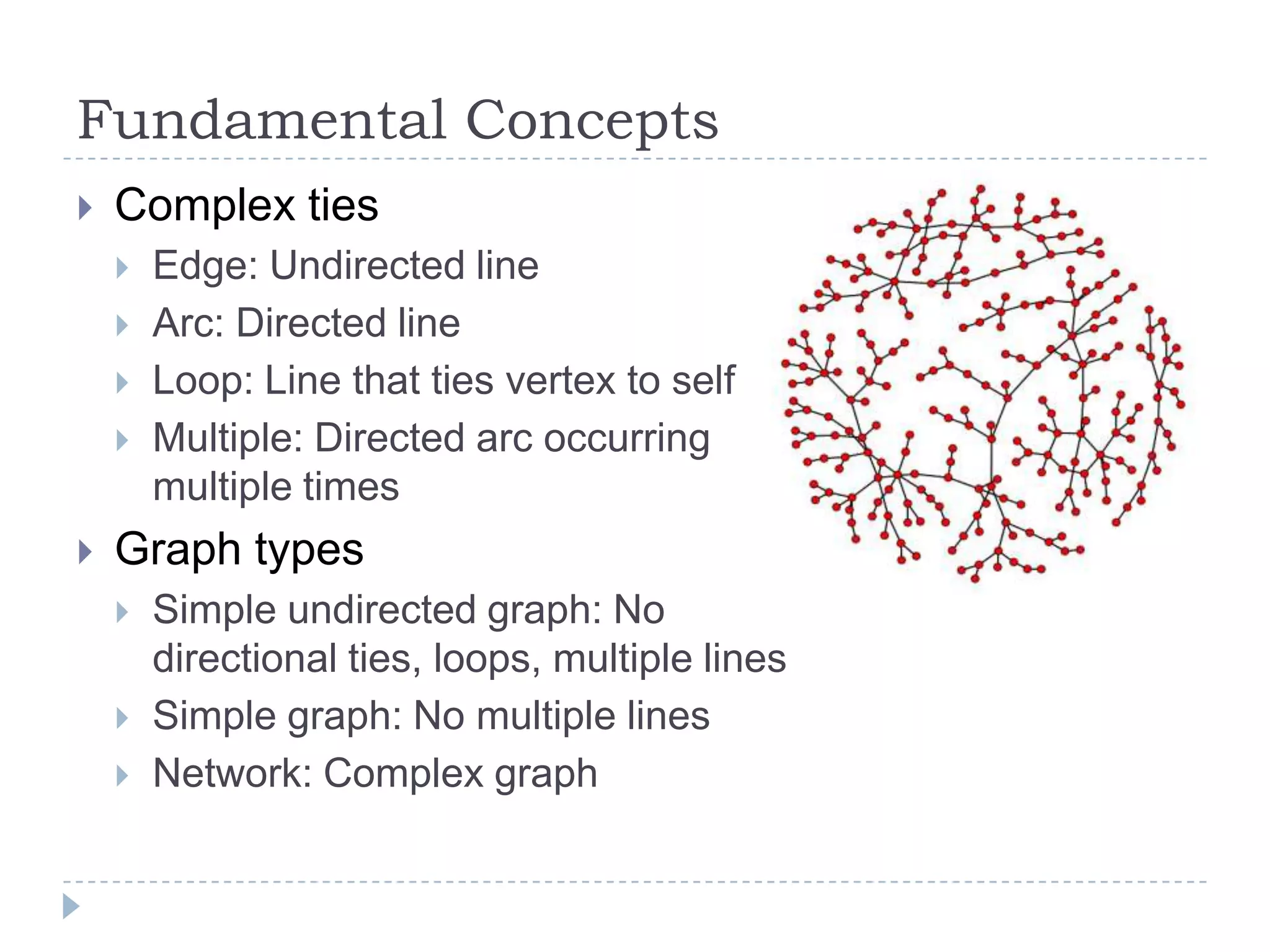 Fundamental ConceptsComplex tiesEdge: Undirected lineArc: Directed lineLoop: Line that ties vertex to selfMultiple: Directed arc occurring multiple timesGraph typesSimple undirected graph: No directional ties, loops, multiple linesSimple graph: No multiple linesNetwork: Complex graph
