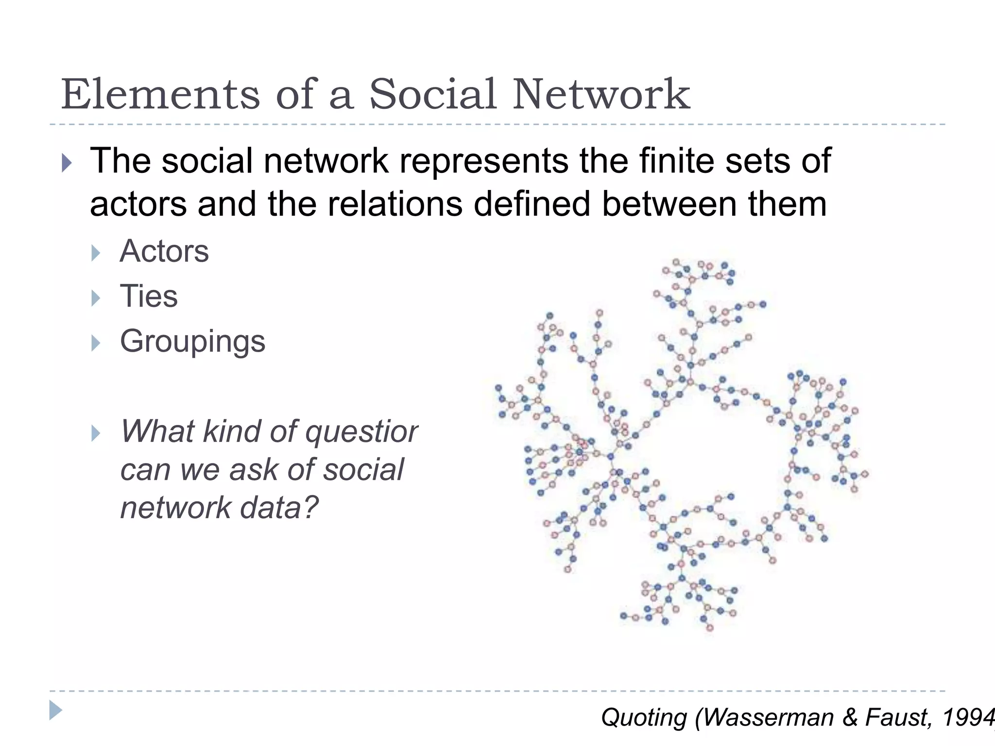 Elements of a Social NetworkThe social network represents the finite sets of actors and the relations defined between themActorsTiesGroupingsWhat kind of questions can we ask of social network data?Quoting (Wasserman & Faust, 1994)