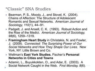 “Classic” SNA StudiesBearman, P. S., Moody, J., and Stovel, K.  (2004).  Chains of Affection: The Structure of Adolescent Romantic and Sexual Networks.  American Journal of Sociology, 110(1), 44--91.Padgett, J. and Ansell, C. K.  (1993).  Robust Action and the Rise of the Medici.  American Journal of Sociology, 98(6), 1259--1319. Framingham Heart Study in Christakis, N. and Fowler, J.  (2009).  Connected: The Surprising Power of Our Social Networks and How They Shape Our Lives.  New York, NY: Little Brown and Co.Wellman’s East York Studies, Fischer’s Personal Networks in Cities and TownsAdamic, L., Buyukkokten, O., and Adar, E.  (2003).  A Social Network Caught in the Web.  First Monday, 8(6). 