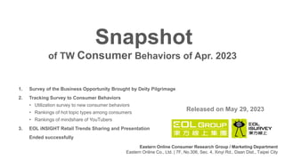 1. Survey of the Business Opportunity Brought by Deity Pilgrimage
2. Tracking Survey to Consumer Behaviors
• Utilization survey to new consumer behaviors
• Rankings of hot topic types among consumers
• Rankings of mindshare of YouTubers
3. EOL iNSIGHT Retail Trends Sharing and Presentation
Ended successfully
of TW Consumer Behaviors of Apr. 2023
Snapshot
Released on May 29, 2023
Eastern Online Consumer Research Group / Marketing Department
Eastern Online Co., Ltd. | 7F, No.306, Sec. 4, Xinyi Rd., Daan Dist., Taipei City
 