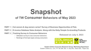 PART 1 ｜Cat owners & dog owners varies? Survey of Business Opportunities of Pets
PART 2 ｜E-invoice Database Sales Analysis: Along with the Deity-Temple Co-branding Products
PART 3 ｜Tracking Survey to Consumer Behaviors
• Utilization survey to new consumer behaviors
• Rankings of hot topic types among consumers
of TW Consumer Behaviors of May 2023
Snapshot
Released on July 4, 2023
Eastern Online Consumer Research Group / Marketing Department
Eastern Online Co., Ltd. | 7F, No.306, Sec. 4, Xinyi Rd., Daan Dist., Taipei City
 