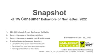 of TW Consumer Behaviors of Nov. &Dec. 2022
Snapshot
Released on Dec. 29, 2022
Eastern Online Consumer Research Group
Eastern Online Co., Ltd. | 7F, No.306, Sec. 4, Xinyi Rd., Daan Dist., Taipei City
1. EOL 2023 Lifestyle Trends Conference Highlights
2. Survey: the usage of the delivery platform
3. Survey: the usage of reusable cups & rental service
4. Tracking Survey to Consumer Behaviors
• Utilization survey to new consumer behaviors
• Rankings of hot topic types among consumers
• Rankings of mindshare of YouTubers
 